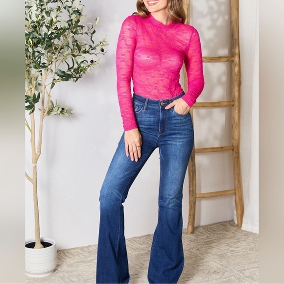 Tops - Hot Pink Lace Sheer High Neck Bodysuit